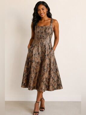 7 For All Mankind Brown Snake-Print Square-Neck Midi Dress - Fits XXS